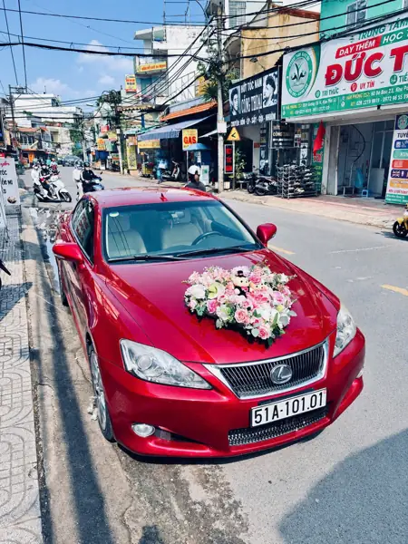 Thuê xe mui trần cưới Lexus IS mui trần đỏ – kết hoa hồng trên nắp capo