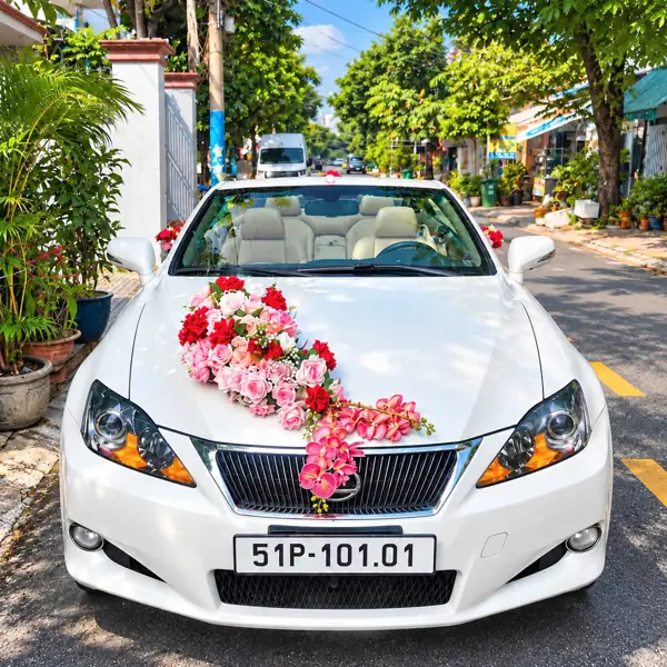 Thuê xe mui trần cưới Lexus IS 250C trắng kết hoa hồng